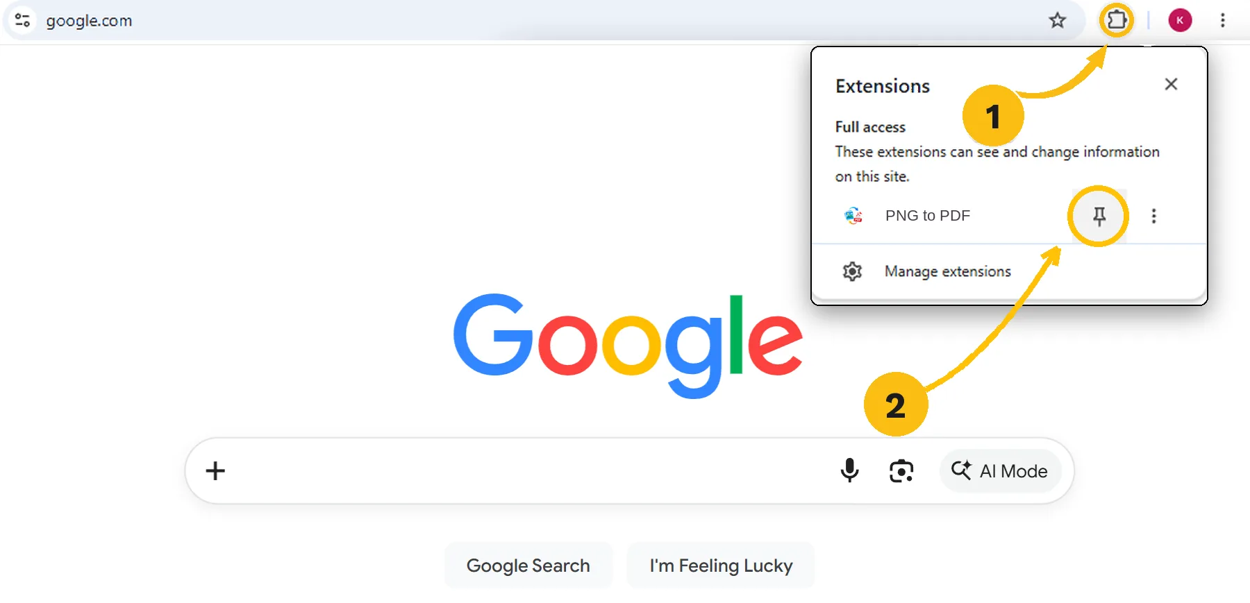 Menú de extensiones de Chrome con el icono de pieza de puzle y el de fijar junto a PNG to PDF resaltados